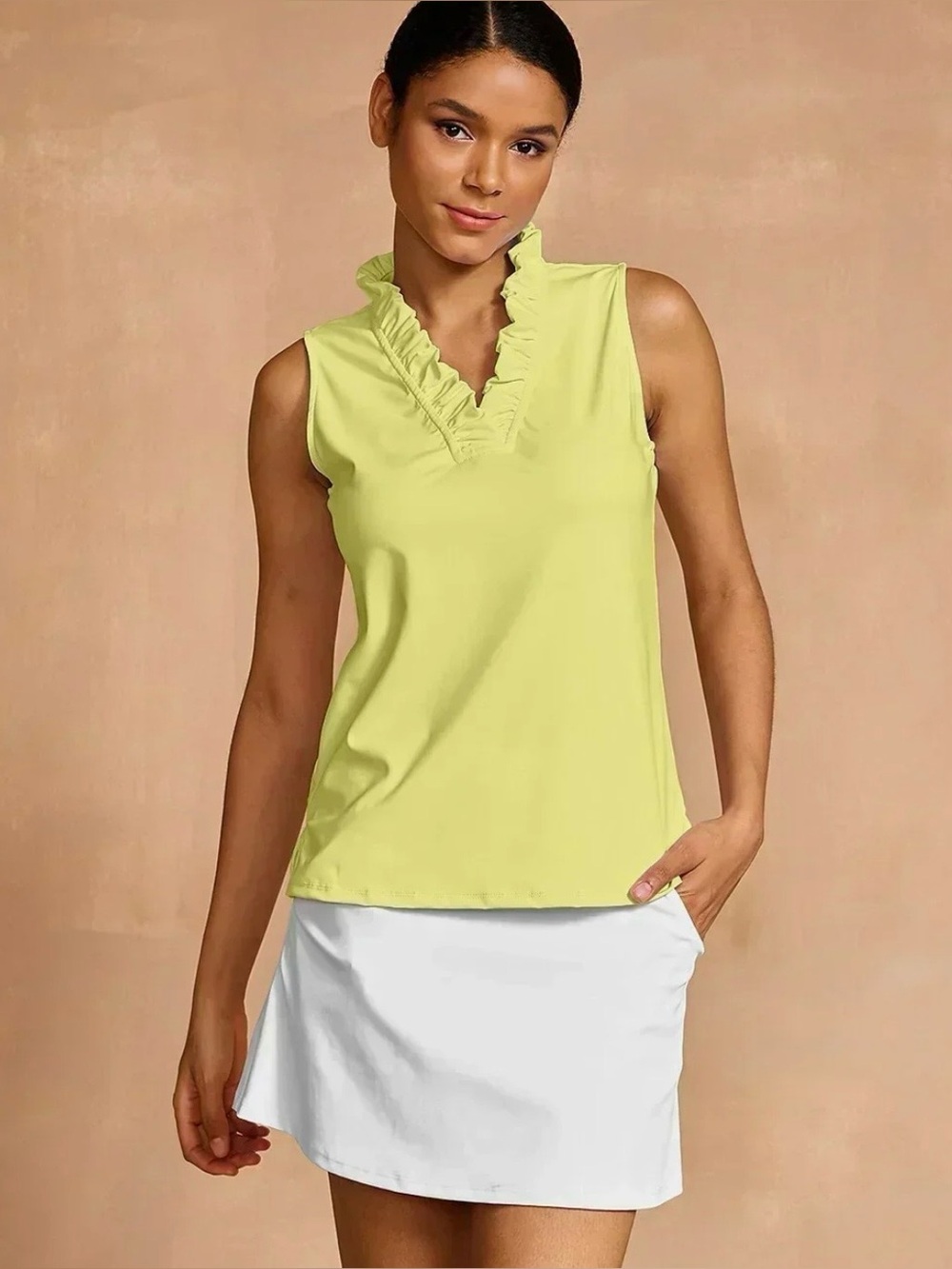 Ruffle V-Neck Tank Top UPF50+ Light Yellow